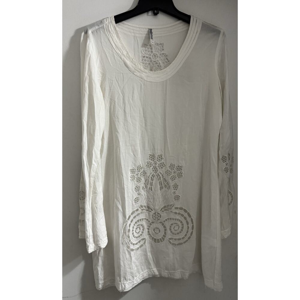 Monoreno Womens Tunic Top White Embroidered Eyelet Long Sleeve Flowy Boho Large